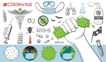 Coronavirus causes, symptoms and spreading. Hand-drawn Vector Illustrations Set for COVID-19 Disease Awareness.