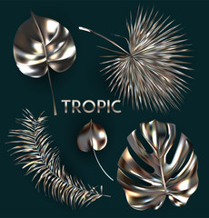 Set of gold color metallic tropical leaves. Vector illustration