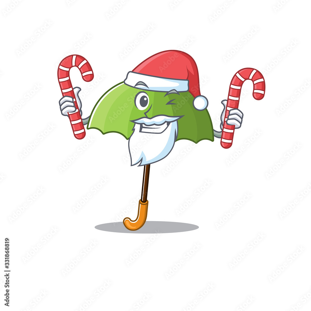 Sticker Friendly green umbrellain Santa Cartoon character having candies