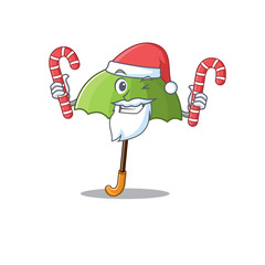 Friendly green umbrellain Santa Cartoon character having candies