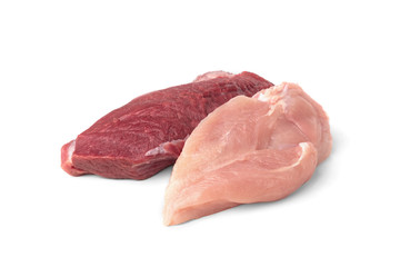 Raw pork meat and chicken fillet isolated on white background.