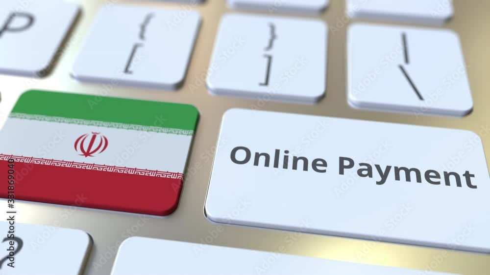Poster online payment text and flag of iran on the keyboard. modern finance related conceptual 3d animation