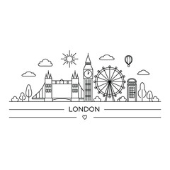 Illustration of London city attractions in line art style. Suitable for printing on souvenirs and thematic products in the field of tourism.