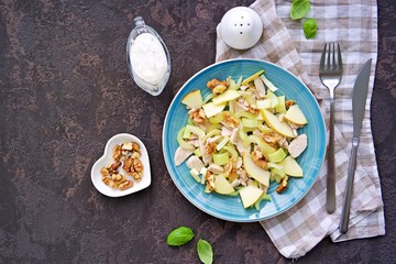 A healthy salad of stem celery, apples, boiled turkey or chicken and walnuts on a blue plate on a dark concrete background. Recipes of vegetable salads. Diet, detox. Top view. Copy space.