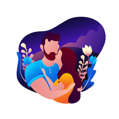 The guy and the girl are hugging on the background of nature and flowers. Isolated background. Vector illustration coming to valentine s day