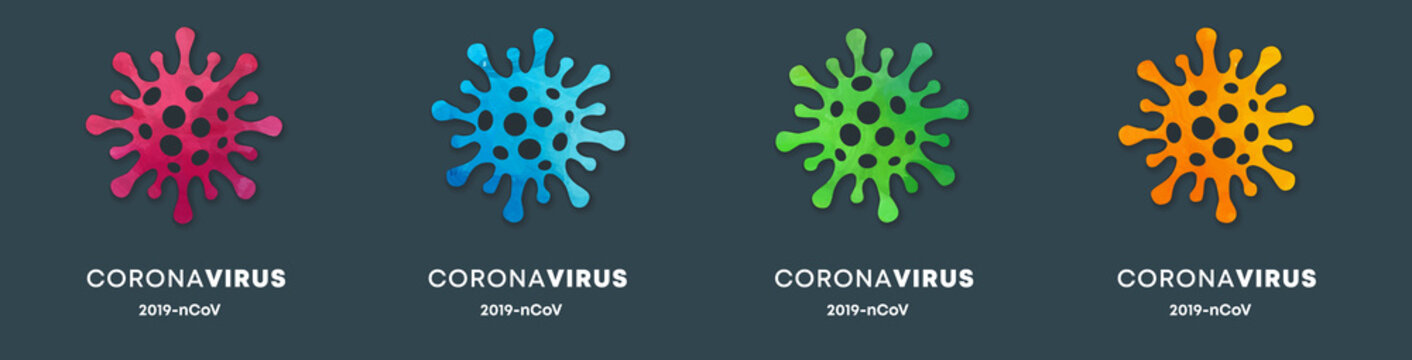 Set of coronavirus shape icon labels with watercolor background