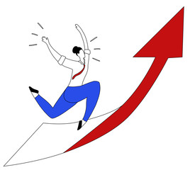 Outline illustration of a running business woman on up arrow. Effort and victory. Achievements of goals. Champion at work. Successful employee. Vector contour image for your design.