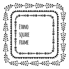 Set of square black print tribal frames from branches, flowers and berries. Natural folk herbal border. Floral vector silhouette template for invitation, greeting cards and your creativity.