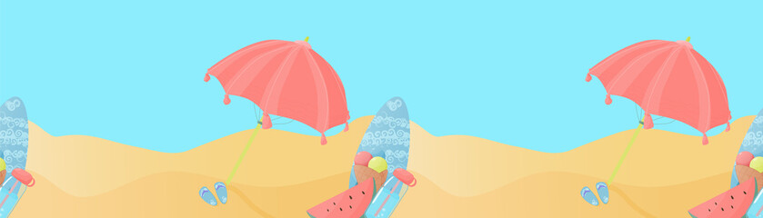 Summer beach seamless poster, flyer or beach party invitation with umbrella, surfboard, ice cream, flippers and slippers. Vector illustration © Yana