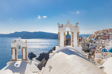 White church on Santorini island, Greece. Beautiful landscape, sea view