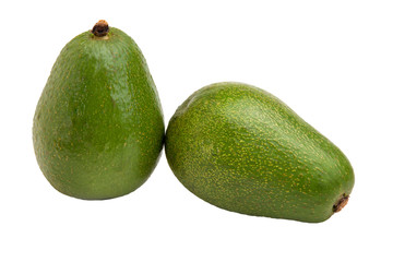  two ripe avocado fruits on a white background