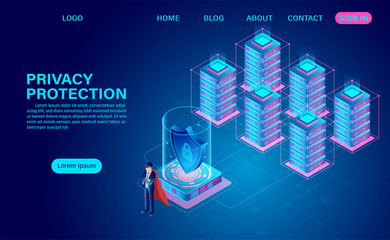 Privacy protection and security are confidential data from thefts data and hacker attacks . web header template. flat isometric vector illustration
