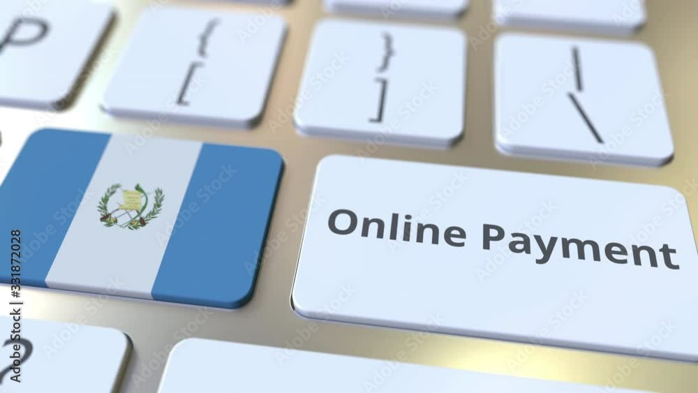 Poster online payment text and flag of guatemala on the keyboard. modern finance related conceptual 3d anim