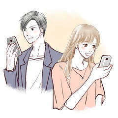 カップル　スマホ　笑顔
