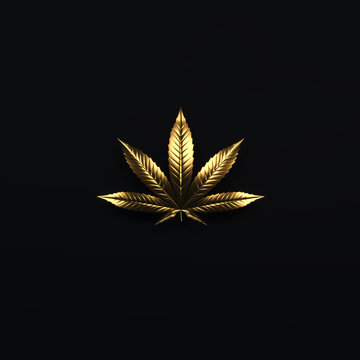 Luxury golden cannabis leaf. Golden glitter leaf of marijuana isolated on black background. Cannabis emblem for the logo design. 3d render. 3d illustration.