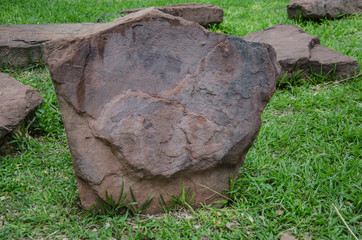 Old brown standing stone in green field