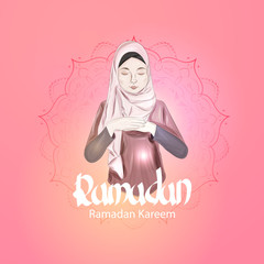 Islam girl prayer, appeal to God. Religion vector.