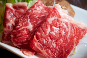 Fresh raw meat for sukiyaki pot