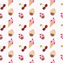 Seamless background of delicious confectionery, cakes, ice cream. Icons of sweets, background for the menu, cafe-shop. Wallpaper for children's room, print, pattern. Children's illustration, tailoring