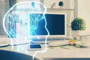 Double exposure of work space with computer and human brain drawing hologram. Brainstorm concept.