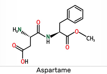 Aspartame, APM, molecule. Sugar substitute and E951. Skeletal chemical formula.