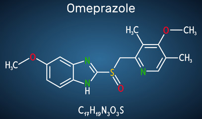Omeprazole, C17H19N3O3S molecule. It is used to treat gastric acid-related disorders, peptic ulcer disease, gastroesophageal reflux disease GERD.  Dark blue background