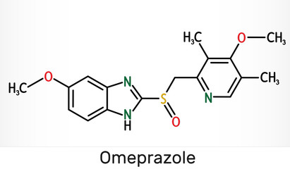 Omeprazole, C17H19N3O3S molecule. It is used to treat gastric acid-related disorders, peptic ulcer disease, gastroesophageal reflux disease GERD.  Skeletal chemical formula