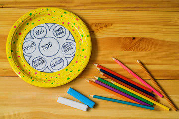 Passover translation from Hebrew inscription. Plate and traditional food for Passover (Pesach)...