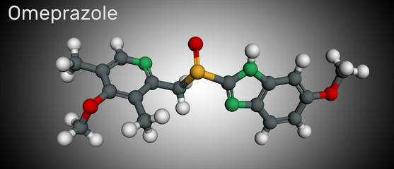 Omeprazole, C17H19N3O3S molecule. It is used to treat gastric acid-related disorders, peptic ulcer disease, gastroesophageal reflux disease GERD. Molecular model