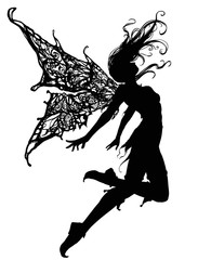 Silhouette a Beautiful and elegant fairy girl, soaring up caught in the wind , she has beautiful patterned wings, on her feet she has shoes with a pointed nose, she is dressed in a short skirt. 2D