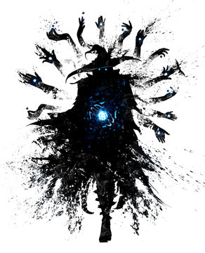 A black silhouette of a wizard in a sharp-angled hat and ragged cloak, surrounded by magic hands flying in the air, his eyes fly in his hands, he creates a magic blue sphere spell. 2D illustration