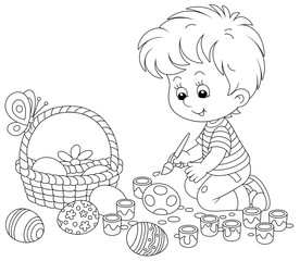 Happy little boy getting ready for the holiday, coloring and decorating Easter eggs with a paintbrush and bright and colorful paints, black and white vector cartoon illustration for a coloring book