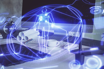 Desktop computer background and education theme drawing. Double exposure. Study concept.