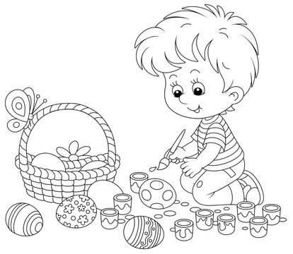 Happy little boy getting ready for the holiday, coloring and decorating Easter eggs with a paintbrush and bright and colorful paints, black and white vector cartoon illustration for a coloring book