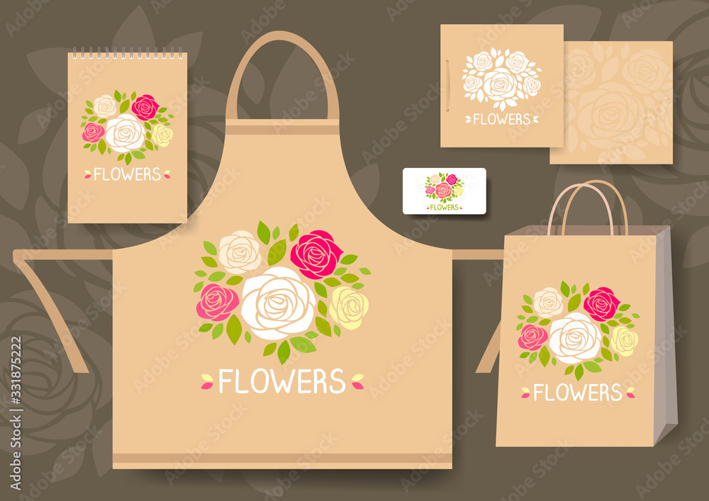 Poster set of corporate identity templates with branding floral design and different objects.