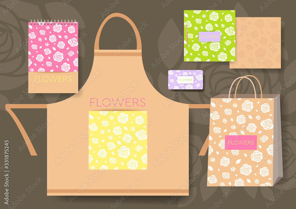 Poster set of corporate identity templates with color floral design and different objects.