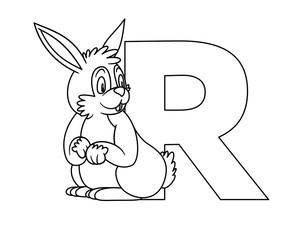 animal alphabet. capital letter R, Rabbit. Raster illustration. For pre school education, kindergarten and foreign language learning for kids and children. Coloring page and books, zoo topic.
