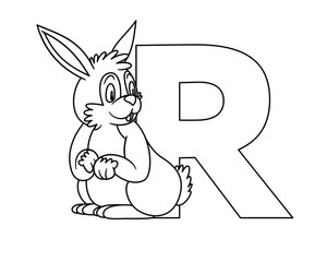 animal alphabet. capital letter R, Rabbit. Vector illustration. For pre school education, kindergarten and foreign language learning for kids and children. Coloring page and books, zoo topic.