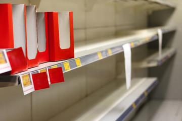 Empty Toilet Paper Shelves in German Supermarket Due To Corona Virus Covid-19