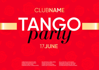 Horizontal tango party template with red background, beautiful flowers and text. 