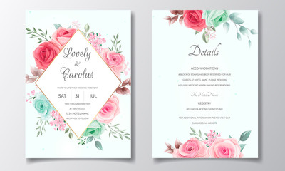 Wedding invitation card with beautiful roses and leaves