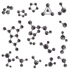 Set of abstract vector 3d molecules of black coal or dark gray color. Vector illustration isolated on a white background.