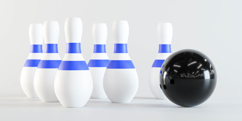 bowling pins and bowling ball on white background 3d illustration render