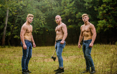 Strength and perseverance. Men with muscular torso. Brutal macho style. Strong men nature...