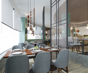 3d rendering loft and luxury hotel reception and vintage cafe lounge restaurant