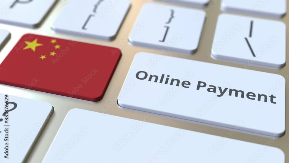 Poster online payment text and flag of china on the keyboard. modern finance related conceptual 3d animatio