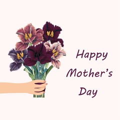 Happy Mothers Day. Card template with spring tilips bouquet. Design element for card, poster, banner, and other use. 