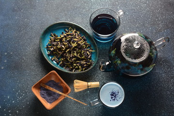 Healthy Blue Butterfly Pea Tea from flowers Clitoria ternatea plant or Asian pegion wings . Detox, antioxidant, anti-stress, anti- ageing beverage popular in Thailand, Vietnam, Bali, Malaysia