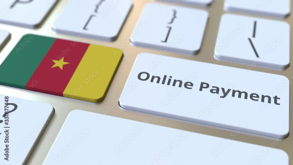 Aufkleber online payment text and flag of cameroon on the keyboard. modern finance related conceptual 3d anima