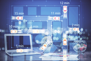 Desktop computer background in office with automobile hologram drawing. Multi exposure. Tech concept.